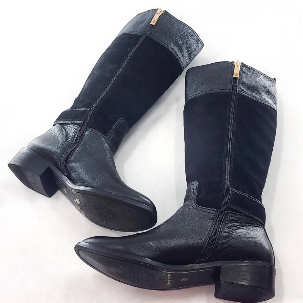 TORY BURCH Tenley‎ Black Leather Suede Combo Designer Riding Boots